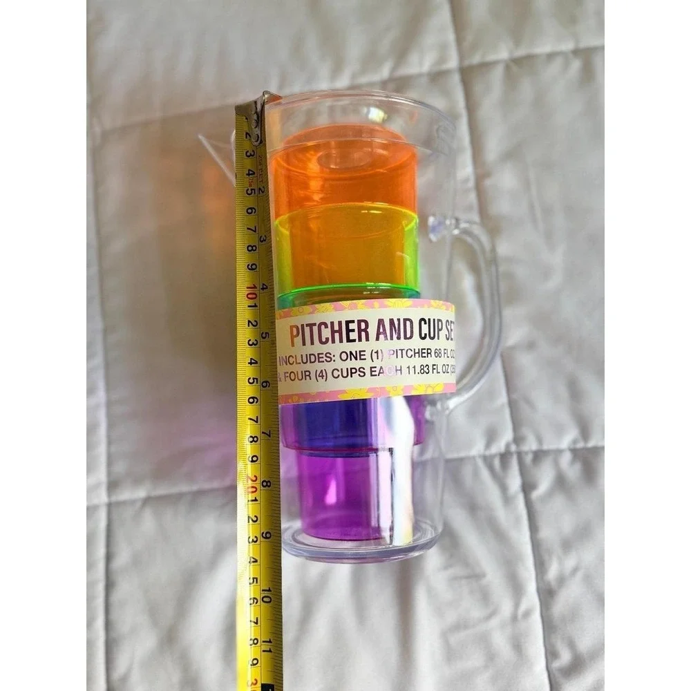 Bright & Fun Party Pitcher & Cup Set, 68 oz Pitcher, 4 Cups, 11.83 oz Each - NEW
